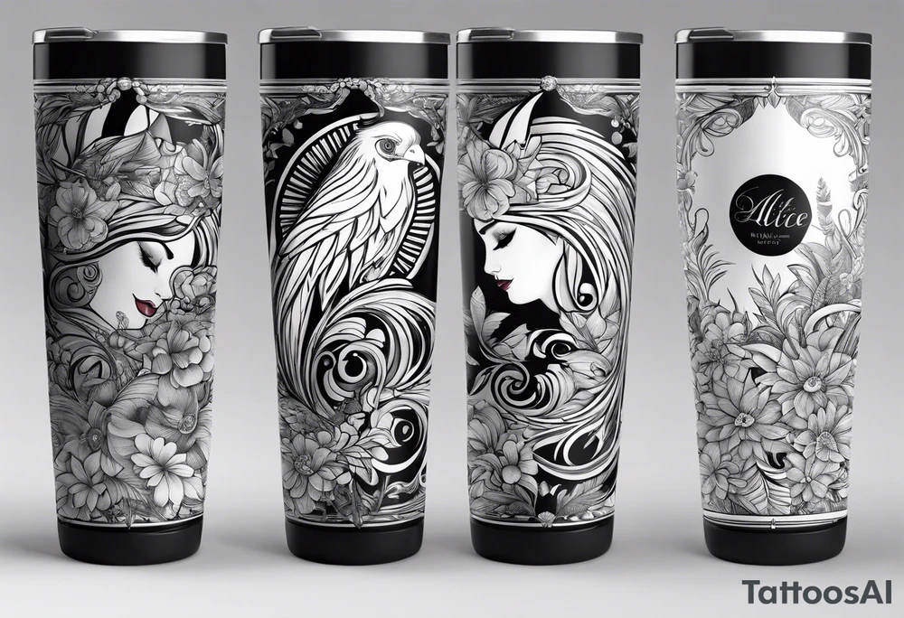 20 oz tumbler, personalized, fantasia, floral , dreamscape, feathers, Cheshire, the wrong Alice tattoo idea