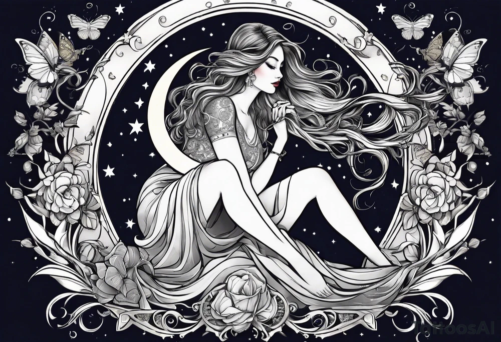 Beautiful woman with butterflies in her long wavy hair sitting on a half moon holding the libra scales with a moon and star background tattoo idea