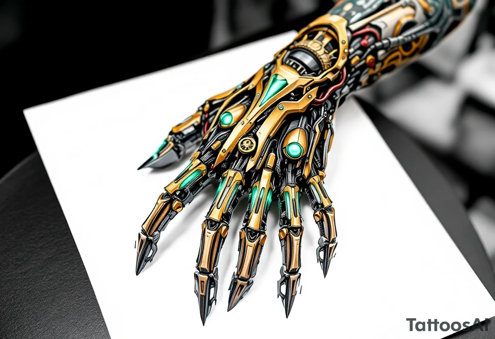 A steampunk-inspired robotic hand tattoo featuring brass tones, copper wiring, and emerald green glow at the joints. tattoo idea
