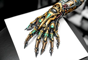 A steampunk-inspired robotic hand tattoo featuring brass tones, copper wiring, and emerald green glow at the joints. tattoo idea
