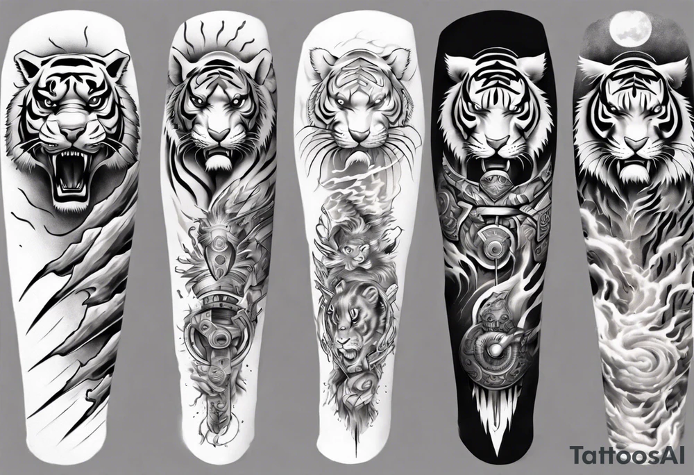 Tiger Warrior sleeve tattoo with lightning and the sun
Forearm sleeve tattoo idea