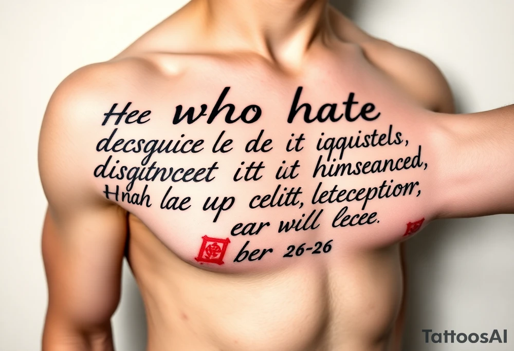 proverbs 26: 25-26
He who hates, disguises it with his lips, And lays up deceit within himself,Their hatred may be concealed by deception, but their wickedness will be exposed in the assembly tattoo idea