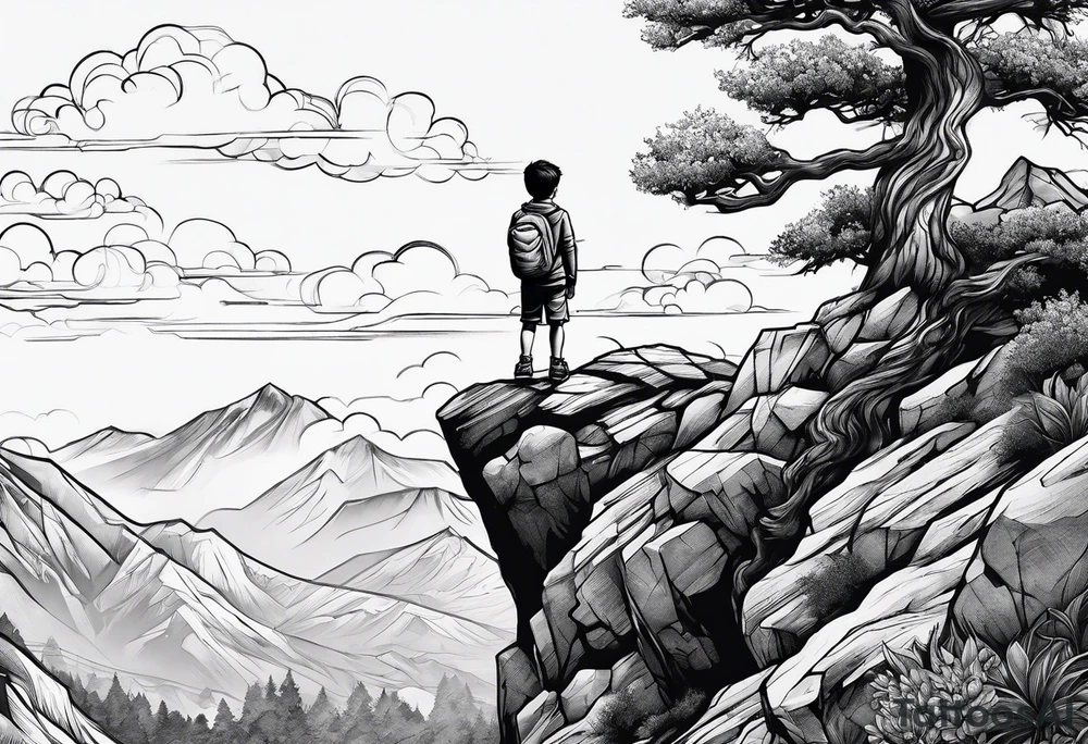 Kid hanging to a branch from a tree on a mountain cliff tattoo idea Kid hanging to a branch from a tree on a mountain cliff tattoo idea