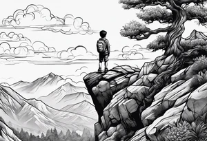 Kid hanging to a branch from a tree on a mountain cliff tattoo idea