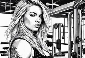 Young pretty blond woman in gym with long hair, tall tattoo idea