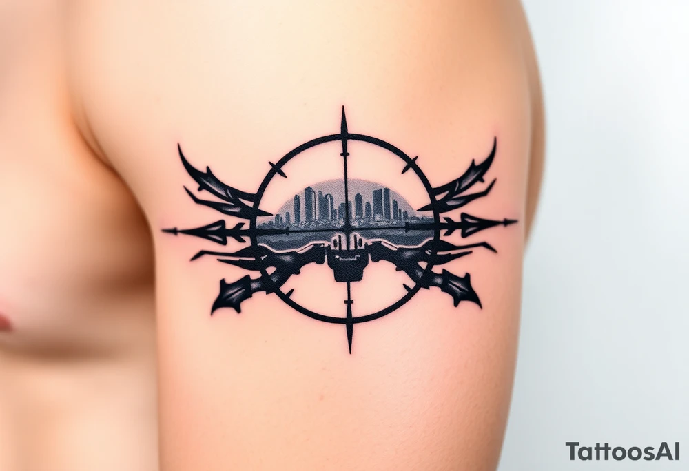 scope crosshairs with eerie Los Angeles city horizon in background tattoo idea