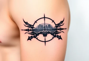 scope crosshairs with eerie Los Angeles city horizon in background tattoo idea