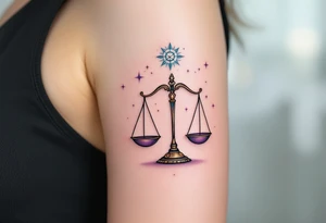 A subtle ombre effect from turquoise to plum fades behind the Libra star constellation and finely drawn balancing scales. tattoo idea