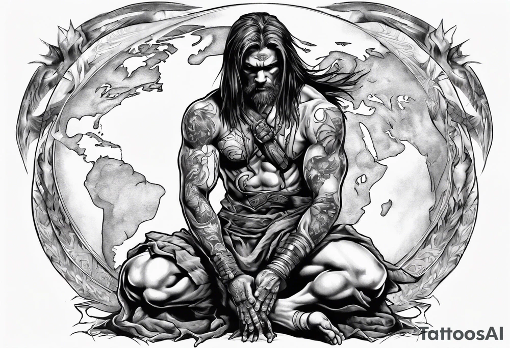 Peaceful and savage warrior kneeling with the whole world resting on his hand above shoulders tattoo idea