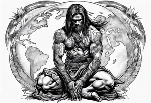 Peaceful and savage warrior kneeling with the whole world resting on his hand above shoulders tattoo idea