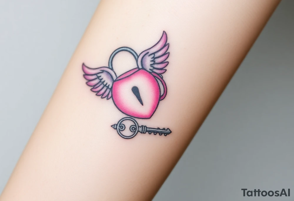 A soft pink and purple cloud lock with angelic wings, and nearby lying a silver key shaped like a shooting star tattoo idea