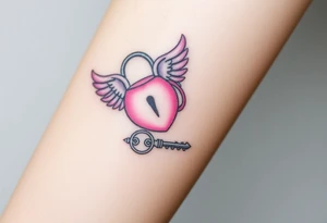 A soft pink and purple cloud lock with angelic wings, and nearby lying a silver key shaped like a shooting star tattoo idea