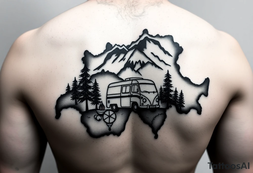 Simplistic, black and white tattoo, the whole tattoo must be completely inside the contour of the Switzerland map. A little camping tent on a side, a VW Caddy on the side, a little fire, in the woods, surrounded by alps and a couple pine trees. Arm tattoo tattoo idea