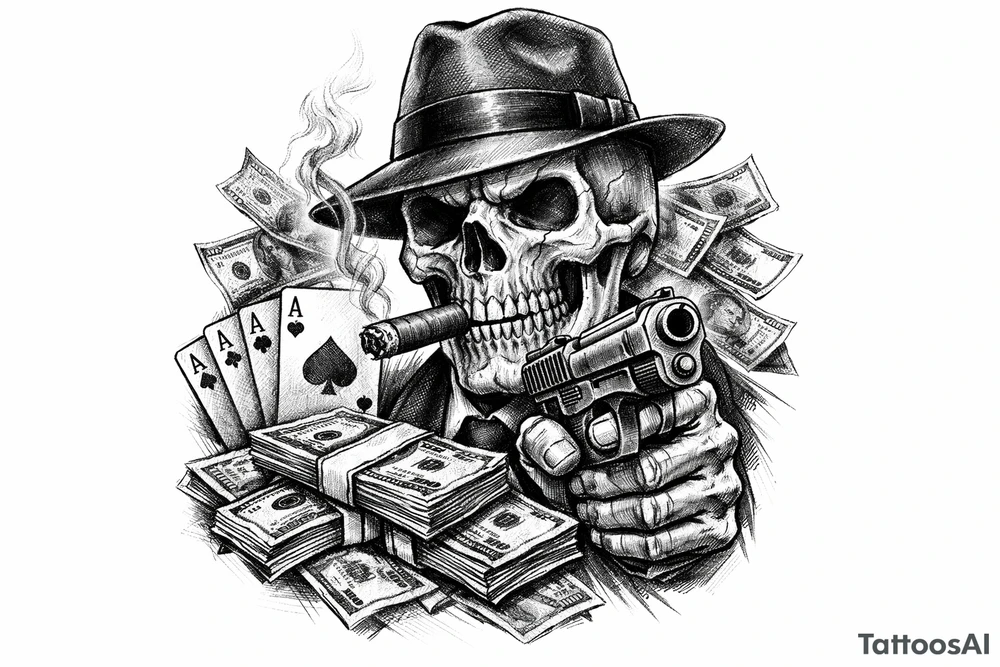 skull with gangster-hat,cigar in his mouth,a gun in a hand,playing cards,a lot of money. tattoo idea