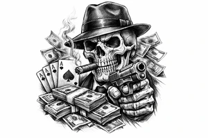 skull with gangster-hat,cigar in his mouth,a gun in a hand,playing cards,a lot of money. tattoo idea