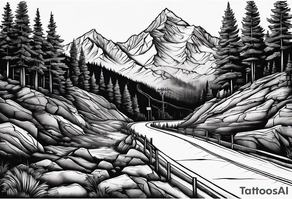 mountain road tattoo with road sign tattoo idea