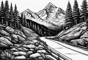 mountain road tattoo with road sign tattoo idea
