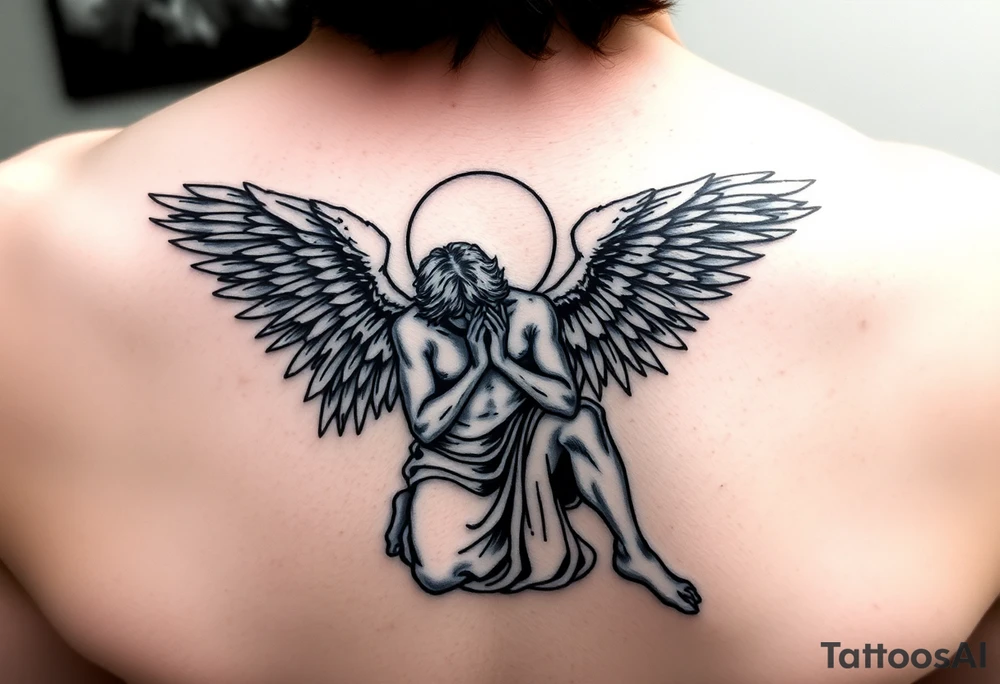 Man fallen angel on his knees tattoo idea