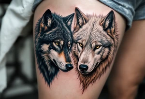 Black wolf and a white wolf side by side tattoo idea