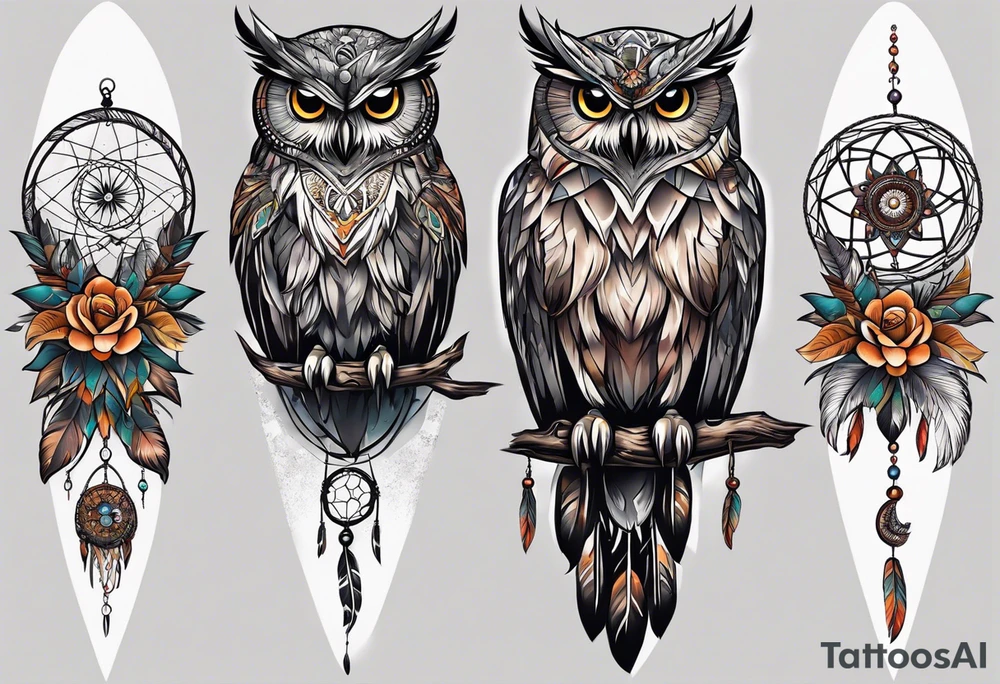 Owl and dreamcatcher back of calf sleeve tattoo idea