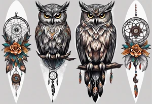 Owl and dreamcatcher back of calf sleeve tattoo idea