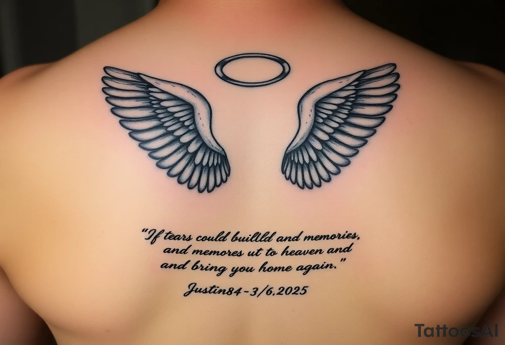 A semicolon intertwined with angel wings and a halo. At the bottom add this quote "If tears could build a stairway, and memories a lane, I'd walk right up to heaven and bring you home again." And also add my mother's name somewhere (Justina Eileen) and these dates 7/10/1984 - 3/6/2025 tattoo idea