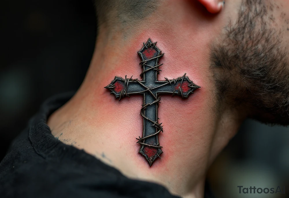 Barbed Wire Cross – A rusty metallic cross wrapped in barbed wire, designed in shades of steel gray and dark red, symbolizing sacrifice and strength. tattoo idea