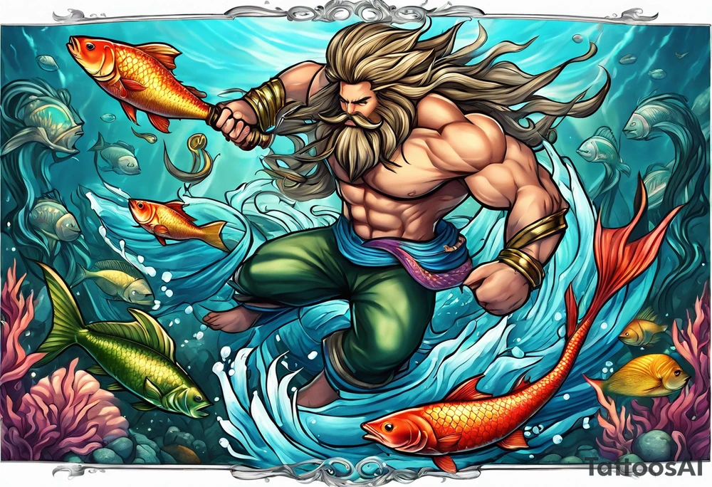 muscular
god 
posideon fighting a sport fish with a trident surrounded by sexy  female 
mermaids tattoo idea