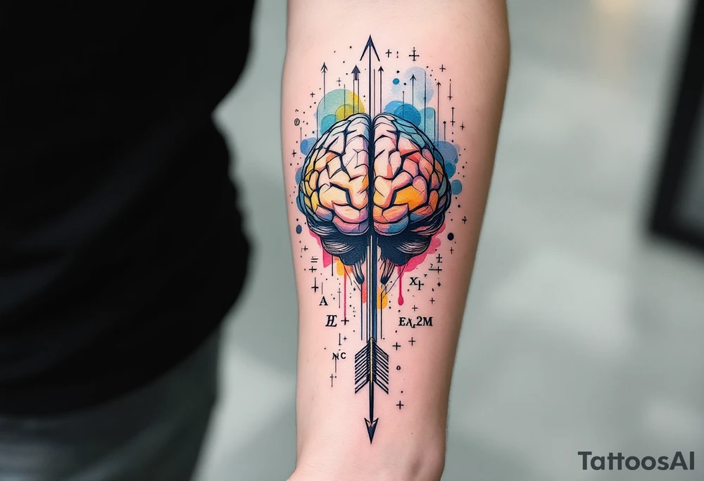 A front-seen brain in geometric and straight lines, math symbols arround. A detailed arrow crossing from below with watercolors leaking from its tip. Around of the main tattoo, math and physics formulas fill the space. tattoo idea