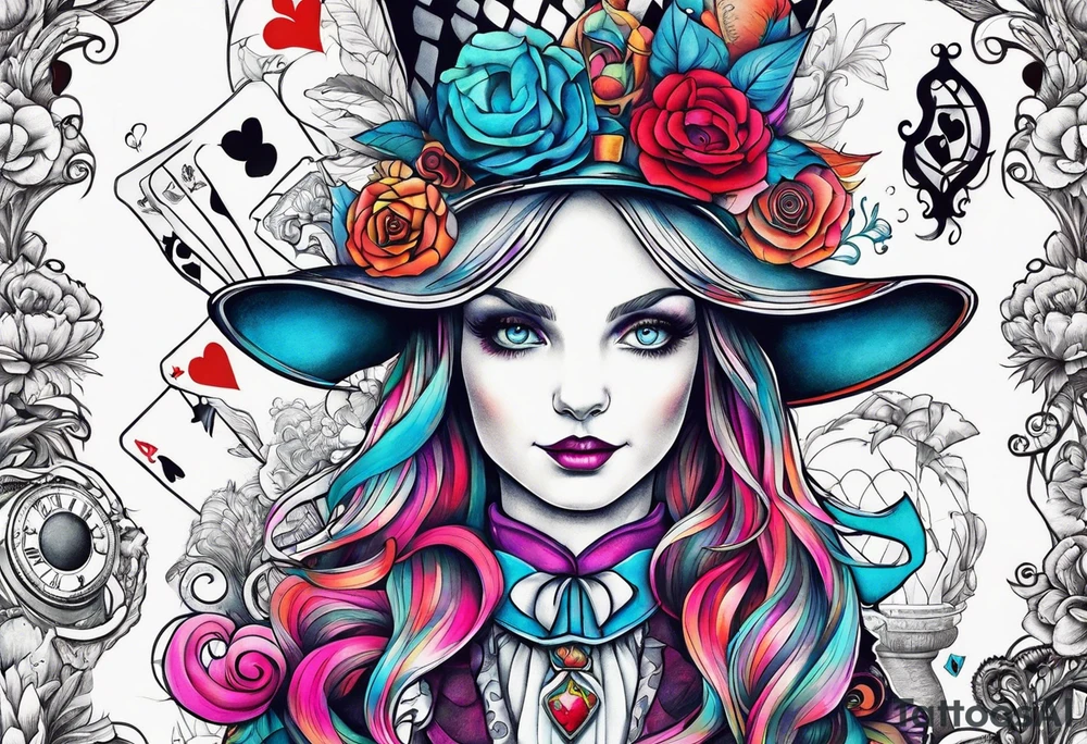 Alice in wonderland themed very colorful tattoo idea