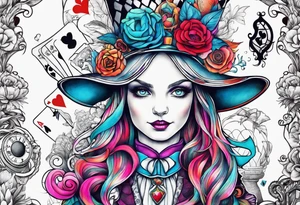 Alice in wonderland themed very colorful tattoo idea