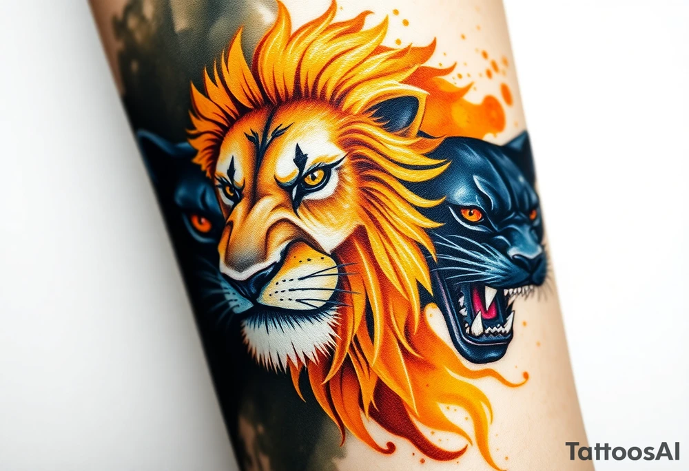 A golden lion, with a regal mane and glowing eyes, surrounded by light and strength, contrasted by a shadowy panther, prowling with glowing red eyes in deep blackness, representing protection and lurking danger. tattoo idea