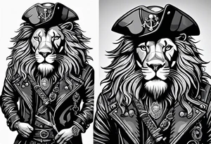 Pirate lion wearing jacket, sword and pistol, nautical steampunk theme. dreadlocks. tattoo idea