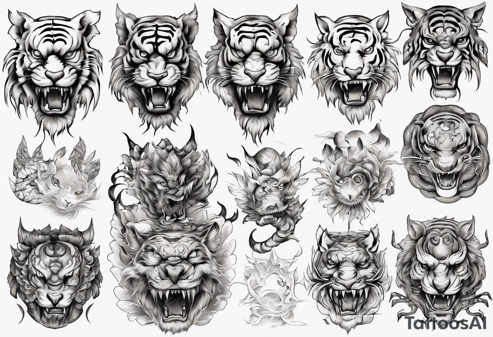 Ancient mythical tiger-like creature on a sleeve tattoo idea