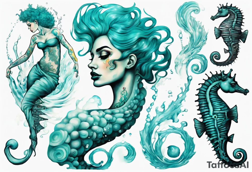a tall woman made of water with turquoise hair riding a seahorse tattoo idea