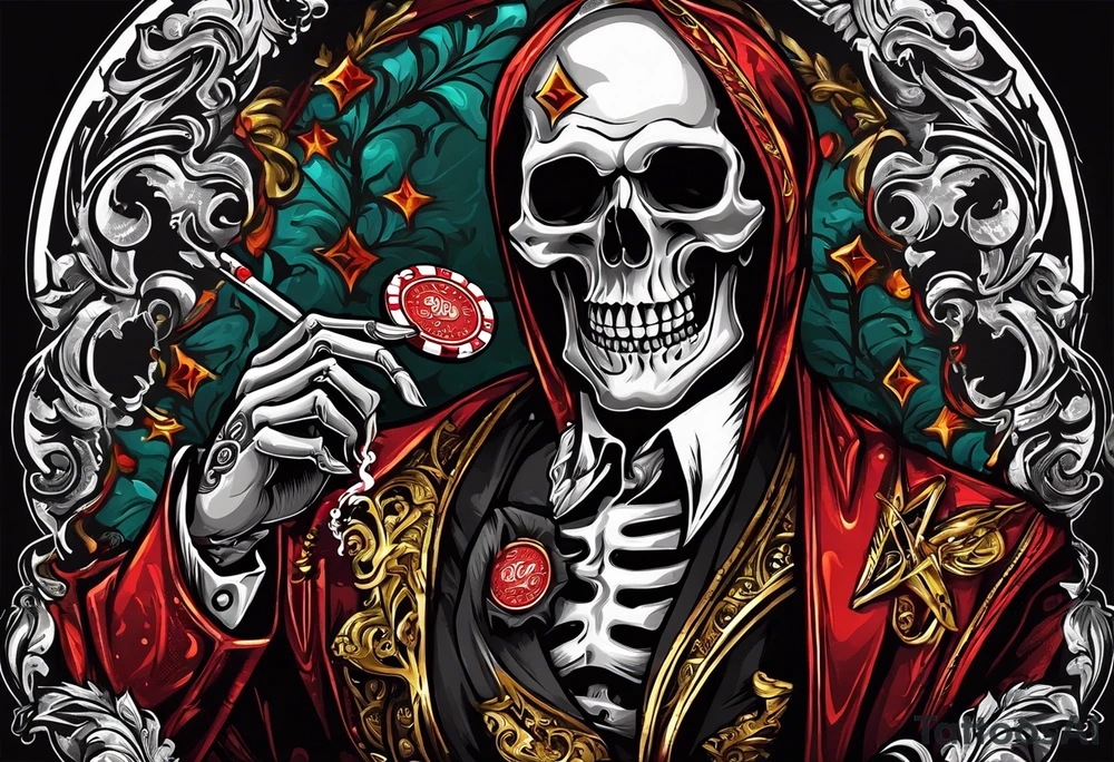 skeleton smoking cigar with poker chips, dealing the cards
"Don't deal with the devil" tattoo idea