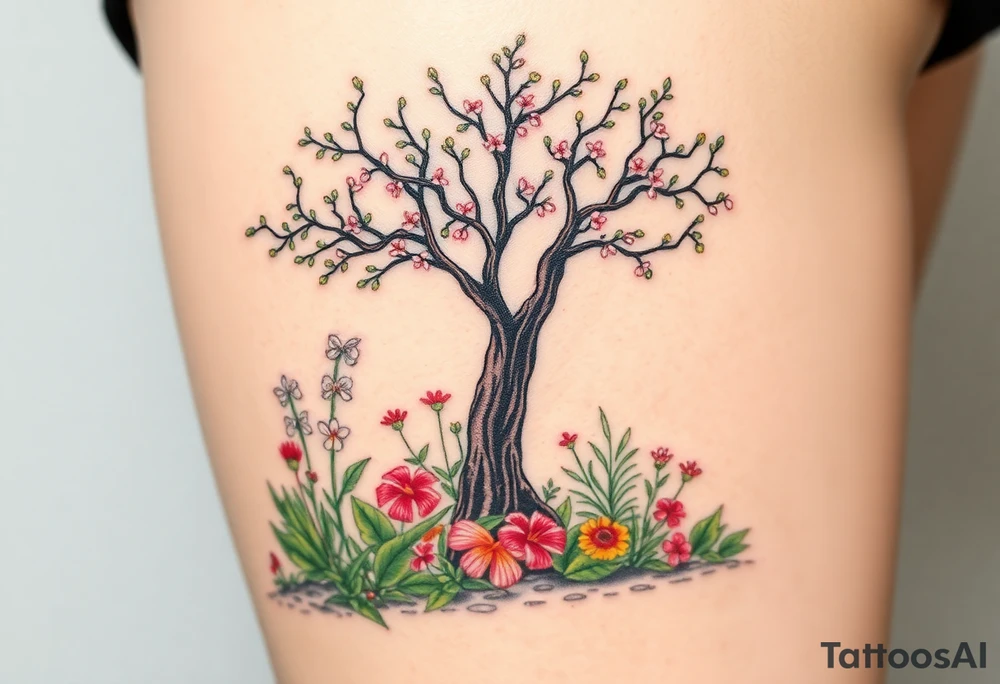 Lilly of the vally plants underneath a blooming hawthorn tree with other colorful plants on ground tattoo idea
