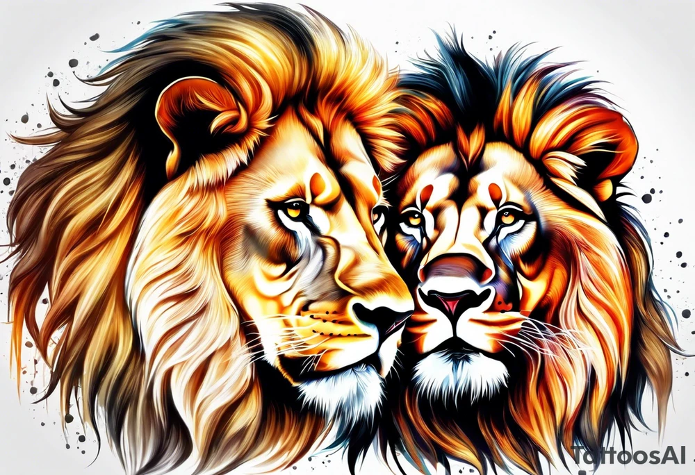 Realistic lion and lioness 
bonding tattoo idea