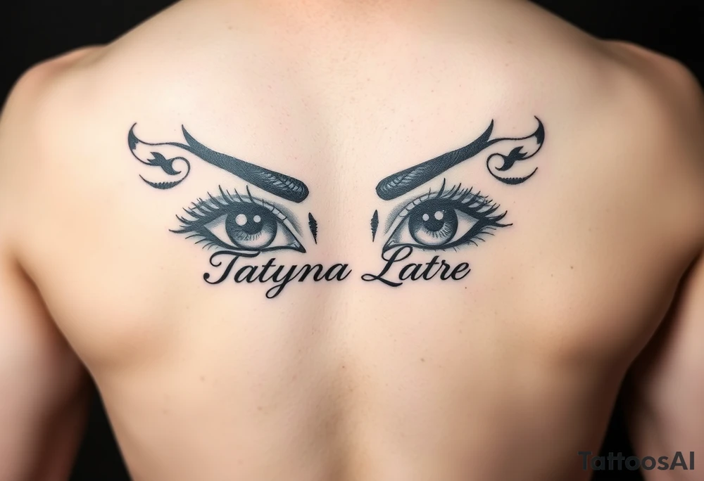 Draw a tattoo of eyes with Tatyana Latre written in fine print tattoo idea