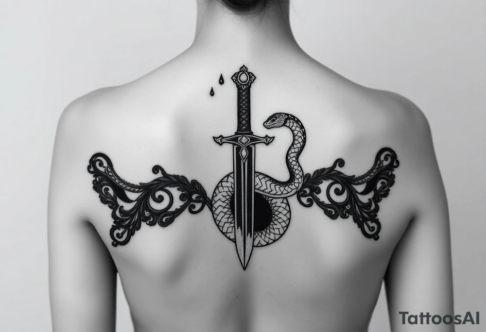 mystical snake coiled around an ancient dagger with jeweled hilt tattoo idea