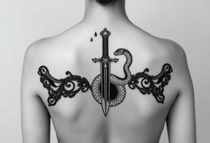 mystical snake coiled around an ancient dagger with jeweled hilt tattoo idea