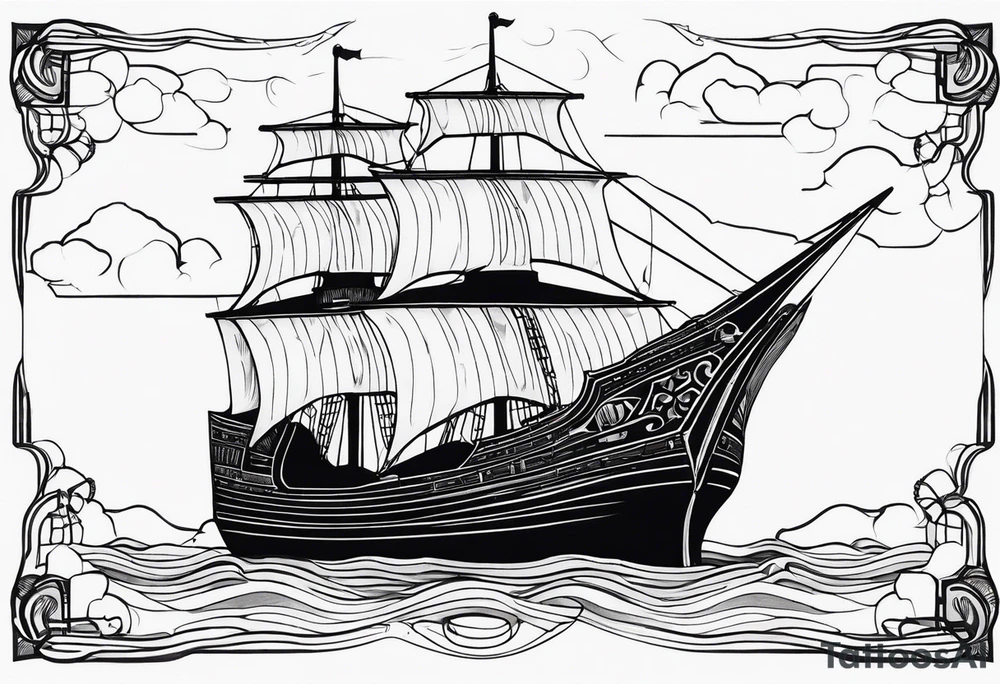 large and dark wooden ship facing left 2 dimensional with black sales tattoo idea