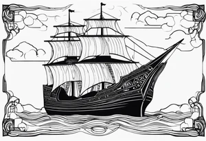 large and dark wooden ship facing left 2 dimensional with black sales tattoo idea