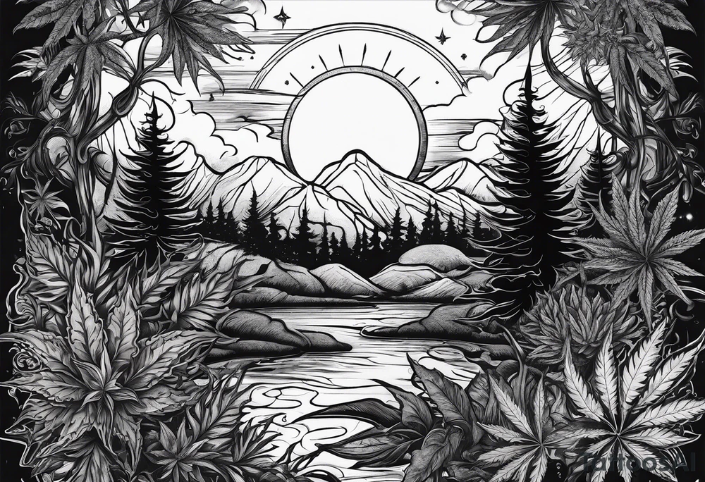 Eclipsed sun with negative space, cannabis plants and other forest botanicals tattoo idea