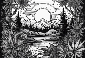 Eclipsed sun with negative space, cannabis plants and other forest botanicals tattoo idea