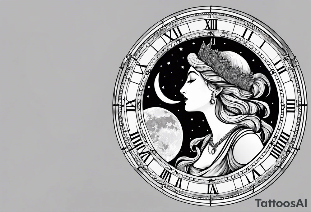 Janus, timeless clock, Aquarius, moon tattoo idea