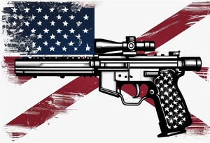 Distressed American flag behind cross with 2 guns leaned on it tattoo idea