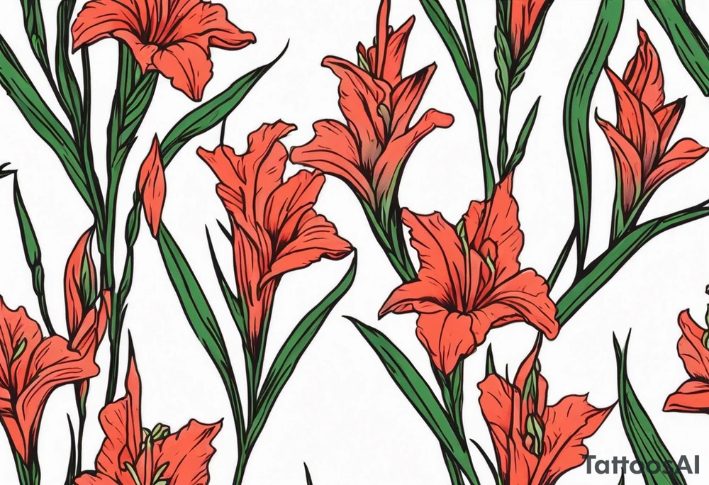 one single, thin, narrow gladiolus stalk. green leaves. coral-colored flowers with deep red centers. tattoo idea