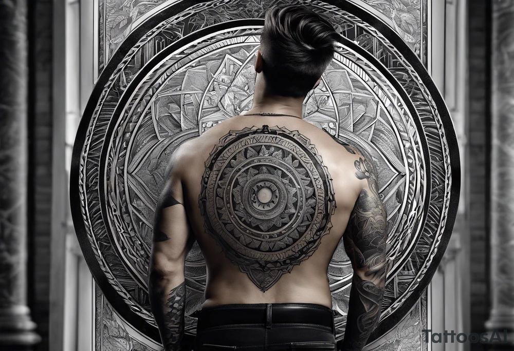 a shil man on a road that is less traveled with "Hark" in a banner with a circular design tattoo idea