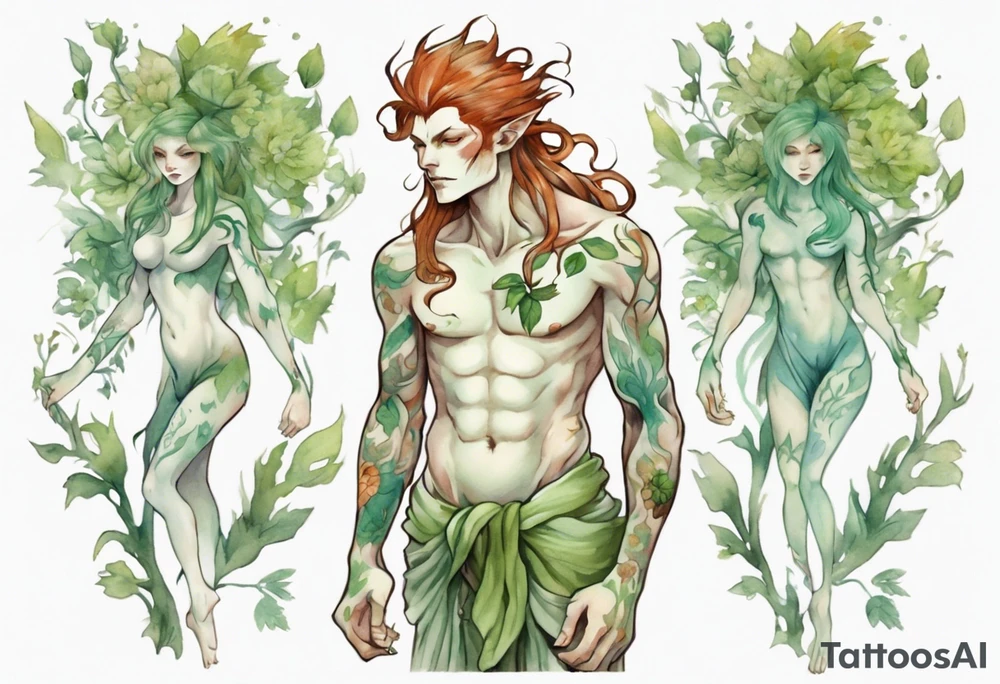 a slender and beautiful male dryad with pale green skin and auburn hair and roots for feet tattoo idea